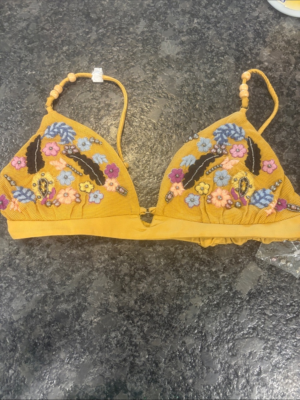 Free People Mustard Yellow Embroidered Floral Triangle Bikini Top